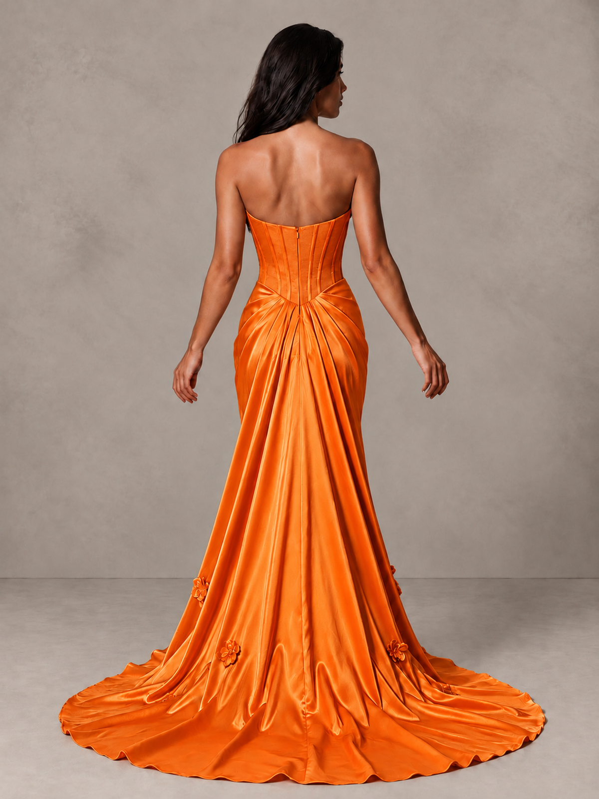 BOLODOO Orange Strapless Floral Corset Evening Gown with Train - Orange - Orange_2