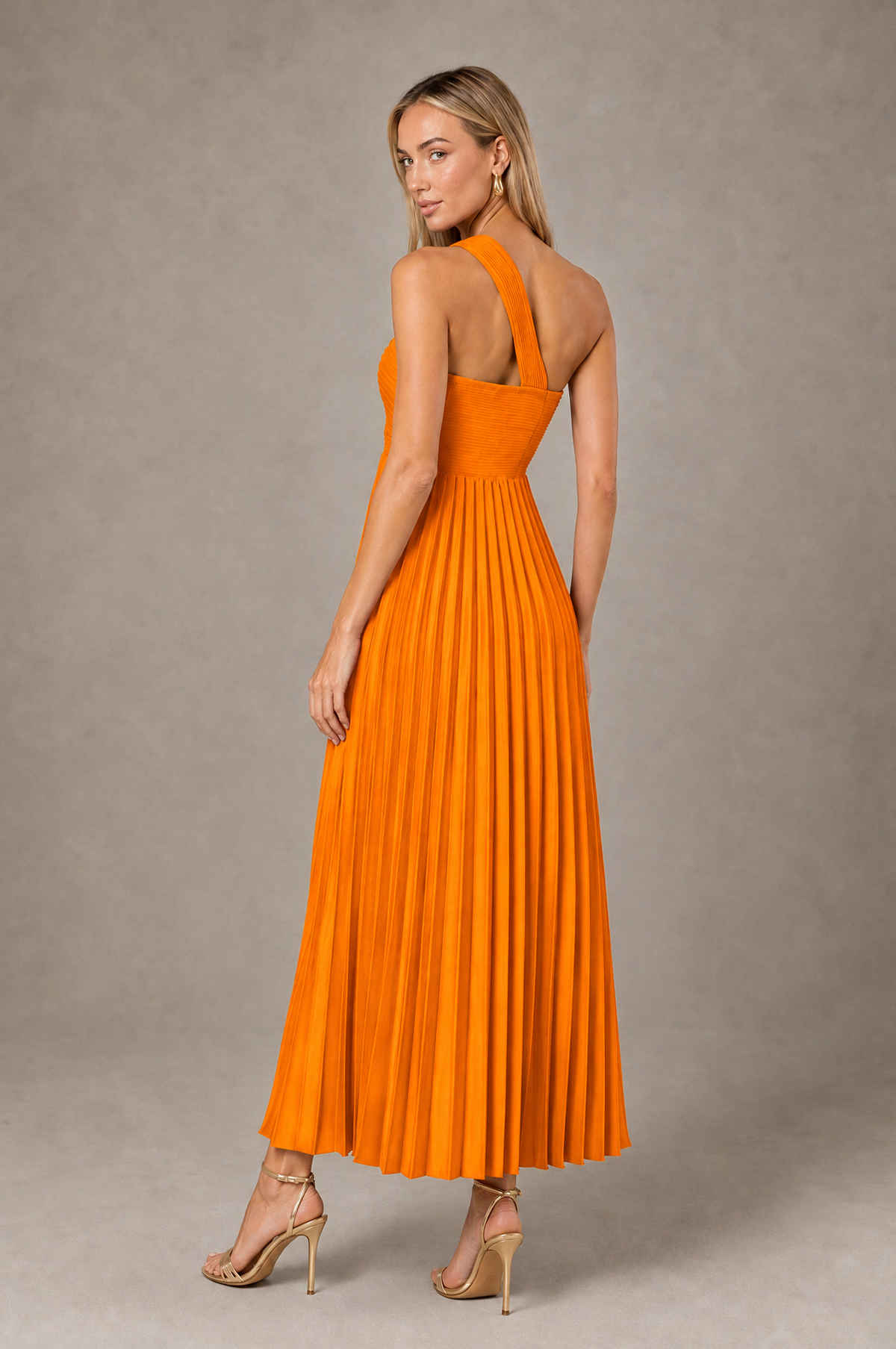 BOLODOO Orange One-Shoulder Twist Knot Pleated Satin Midi Dress with Cutout - Orange - Orange_2