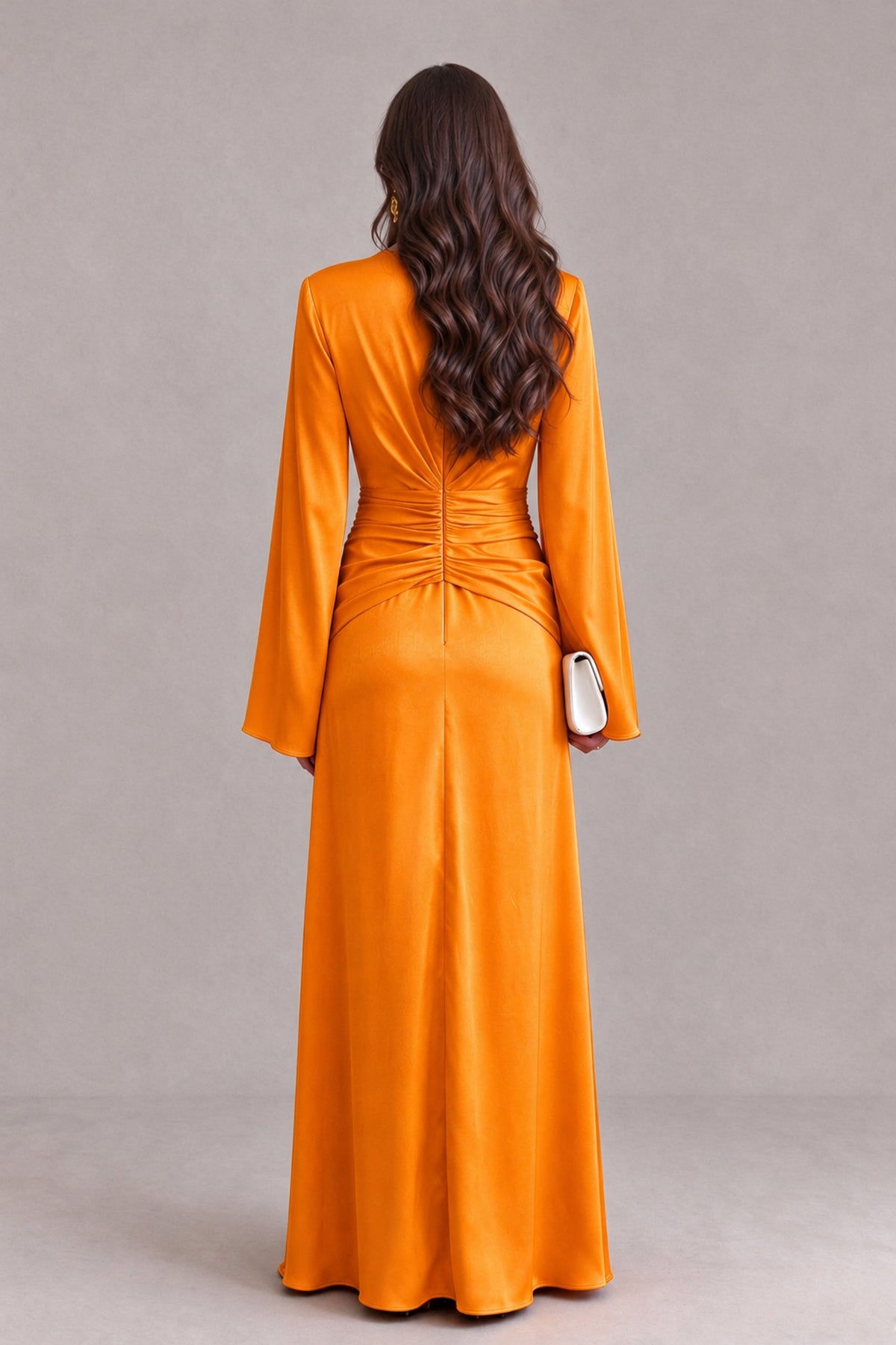 BOLODOO Orange Yellow Satin-Look V-Neck Long Bell Sleeve Evening Dress - Orange - Orange_2