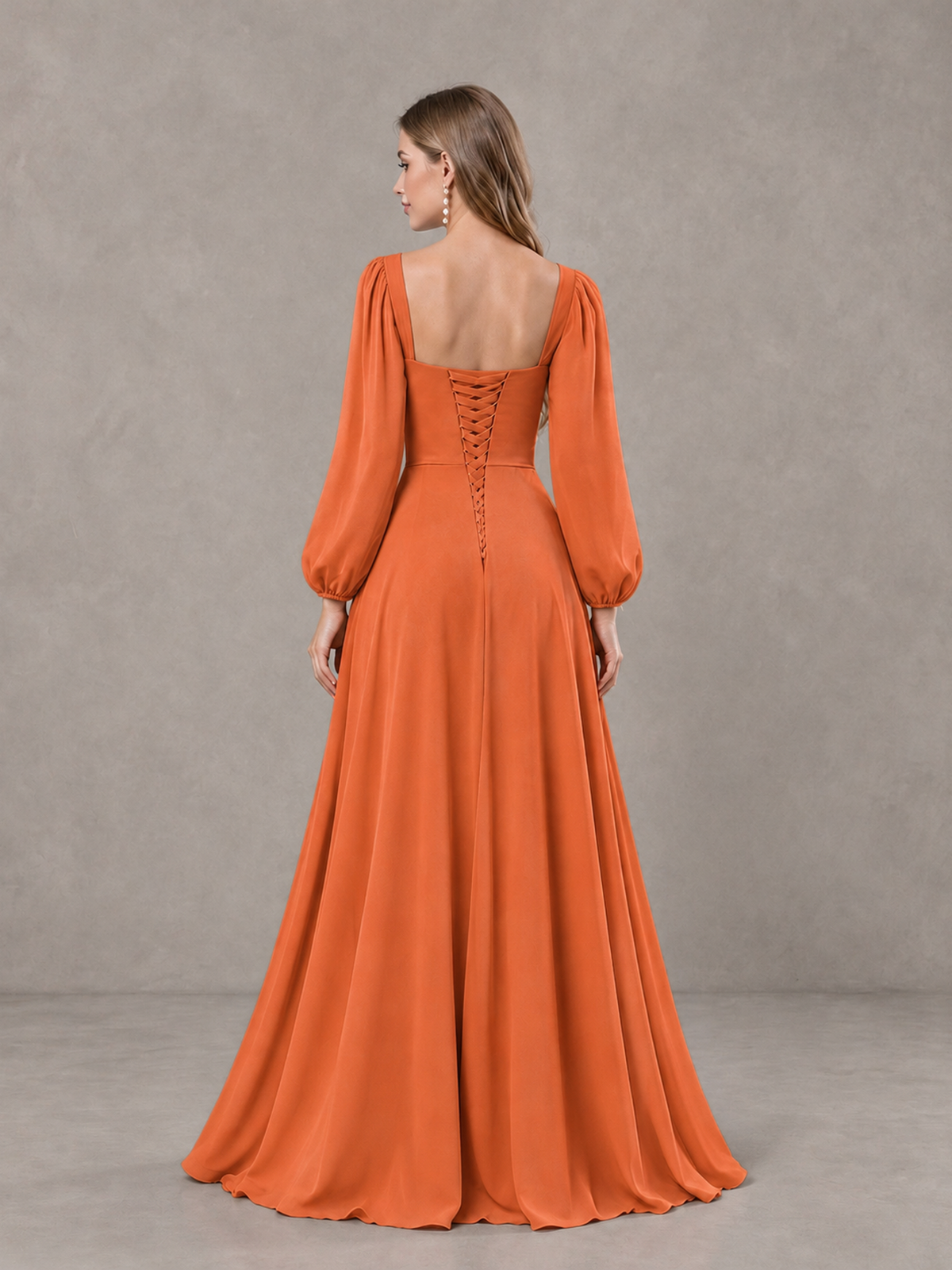 BOLODOO Orange Square Neck Long Sleeve Bridesmaid Dress with Ruffle Slit - Orange - Orange_2