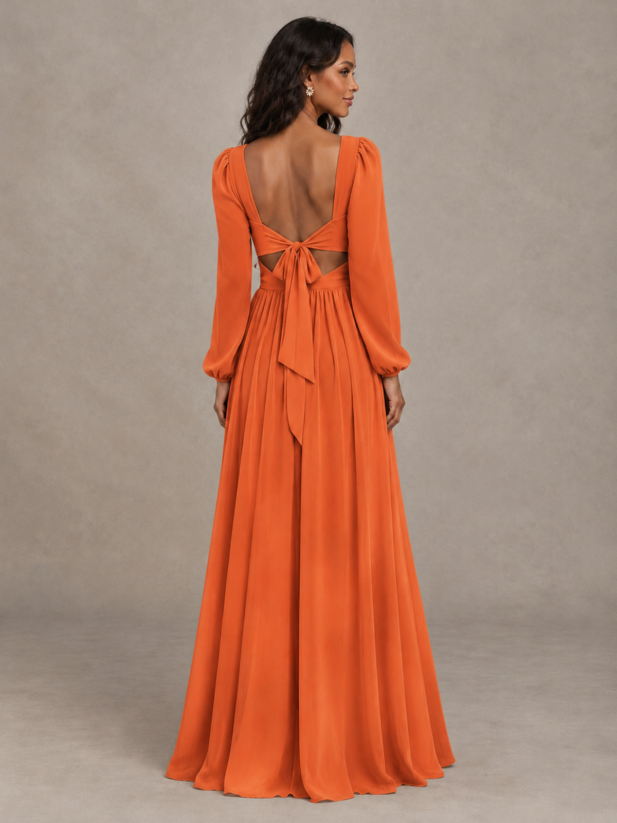 BOLODOO Orange V-Neck Long Sleeve Bridesmaid Dress with Tie Back and Slit - Orange - Orange_2