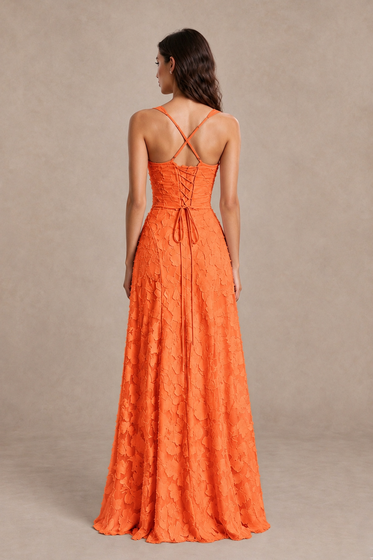 BOLODOO Orange Floral-Textured A-Line Dress with Lace-Up Back - Orange - Orange_2