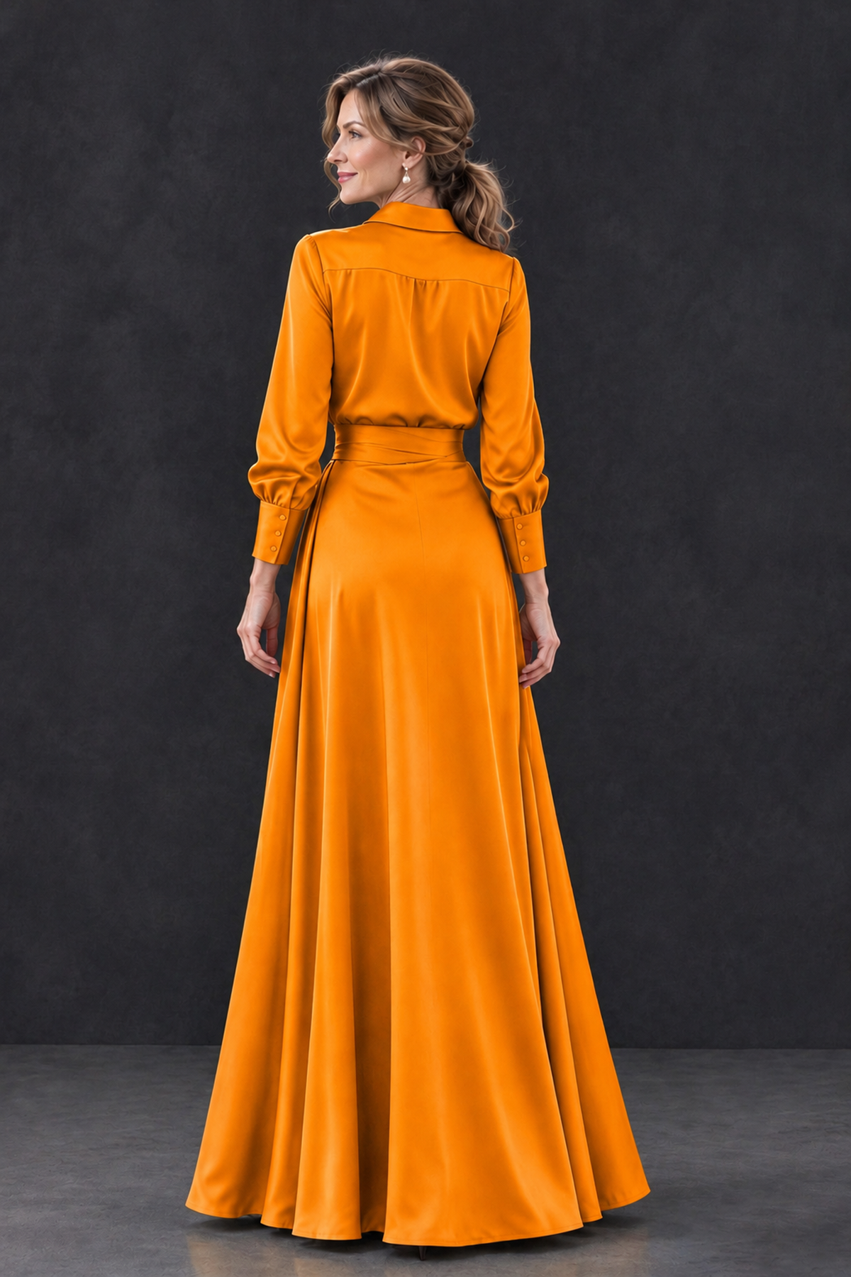 BOLODOO Orange Long Sleeve Satin-Look Lace Panel Gown - Orange - Orange_2