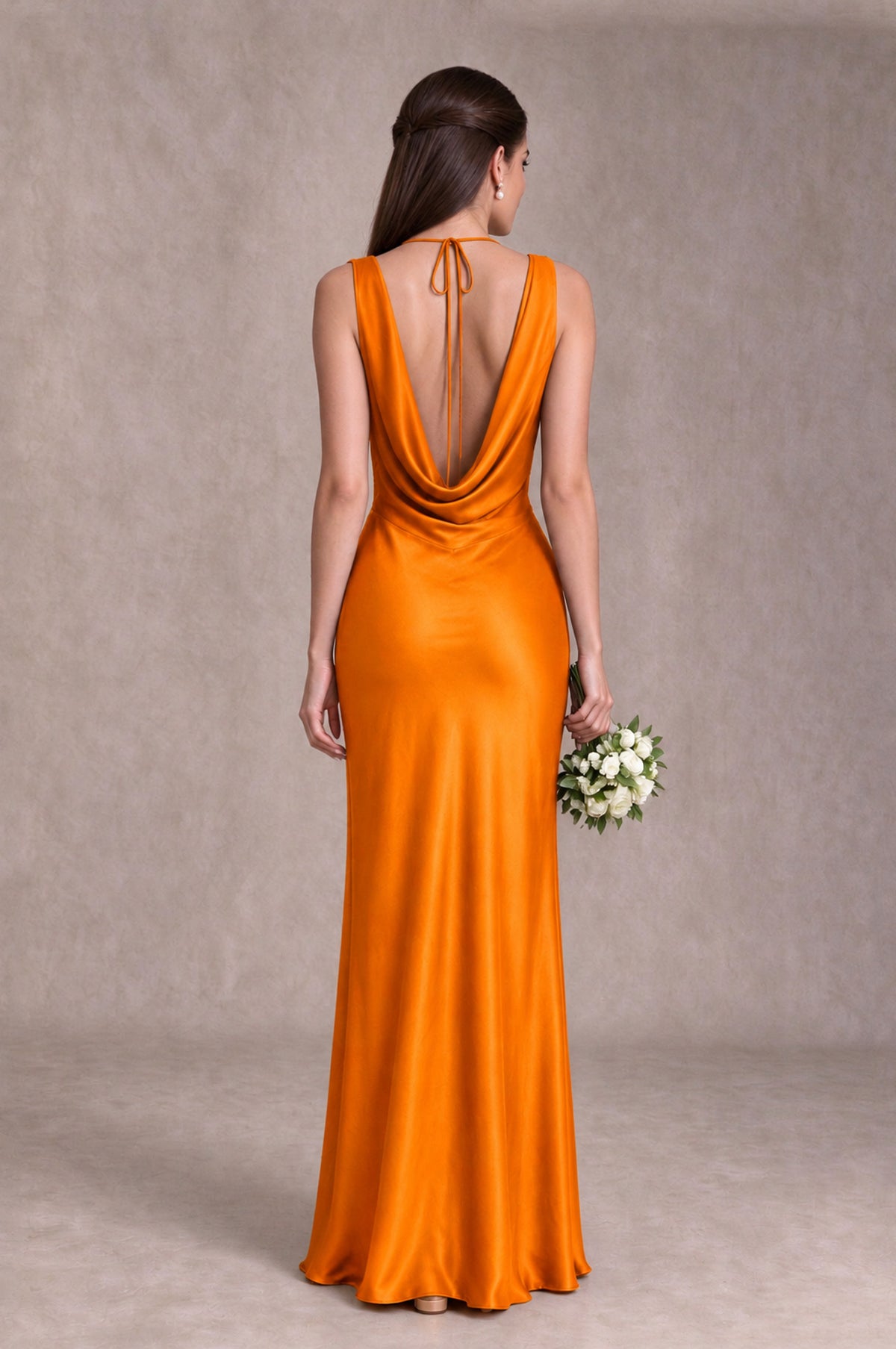 BOLODOO Orange Cowl Neck Open Back Satin Bridesmaid Dress - Orange - Orange_2