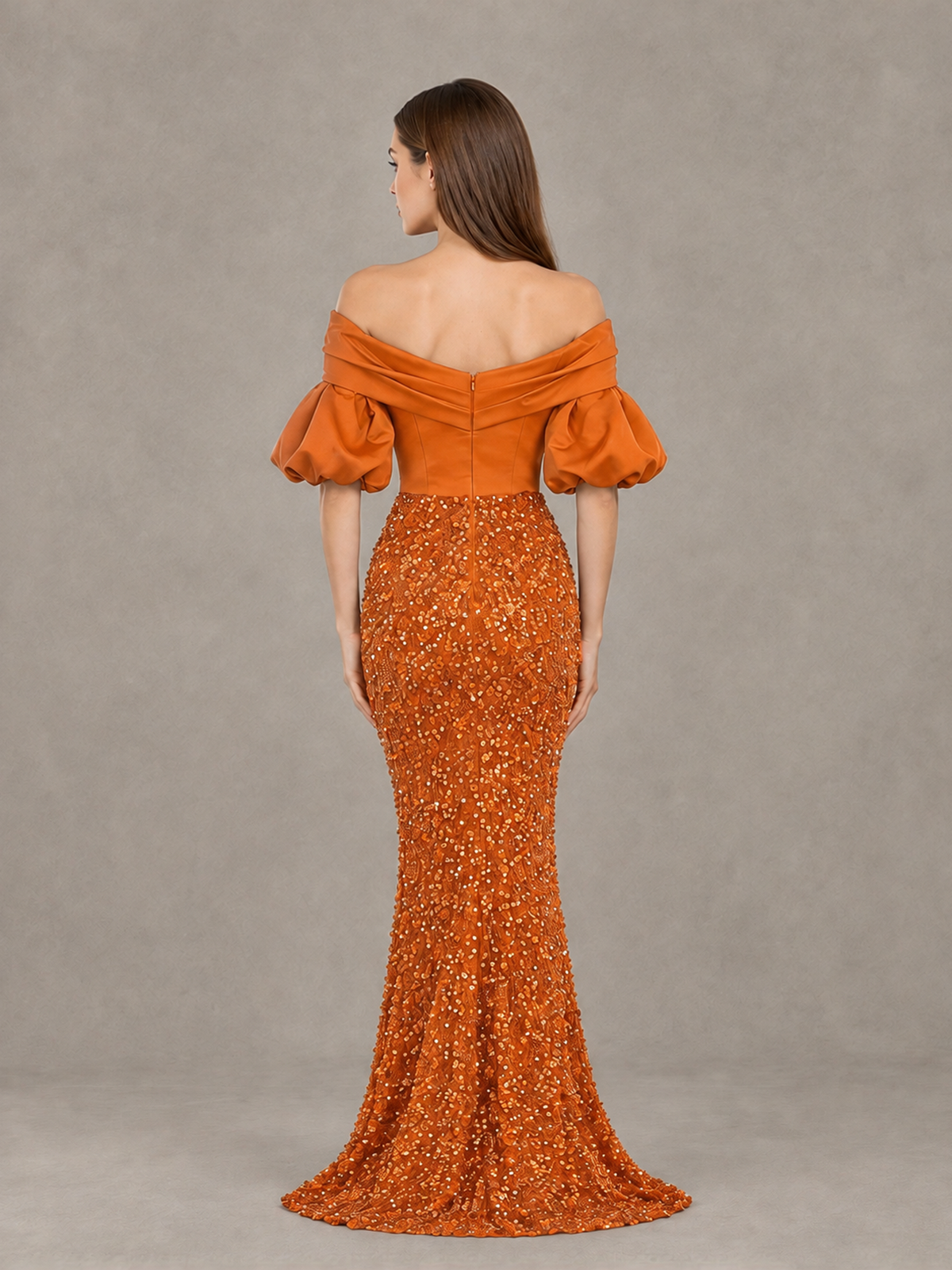 BOLODOO Orange Off-Shoulder Puff Sleeve Sequin Mermaid Evening Dress - Orange - Orange_2