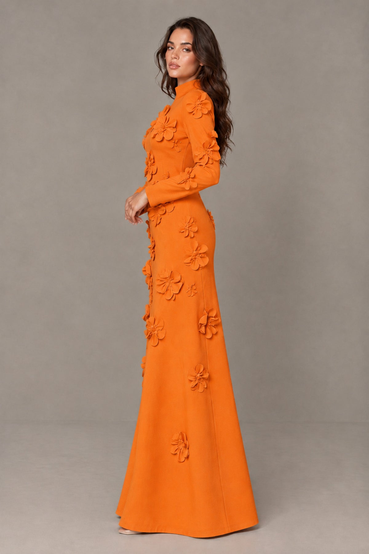BOLODOO Orange High Neck Long Sleeve 3D Floral Evening Gown - Orange