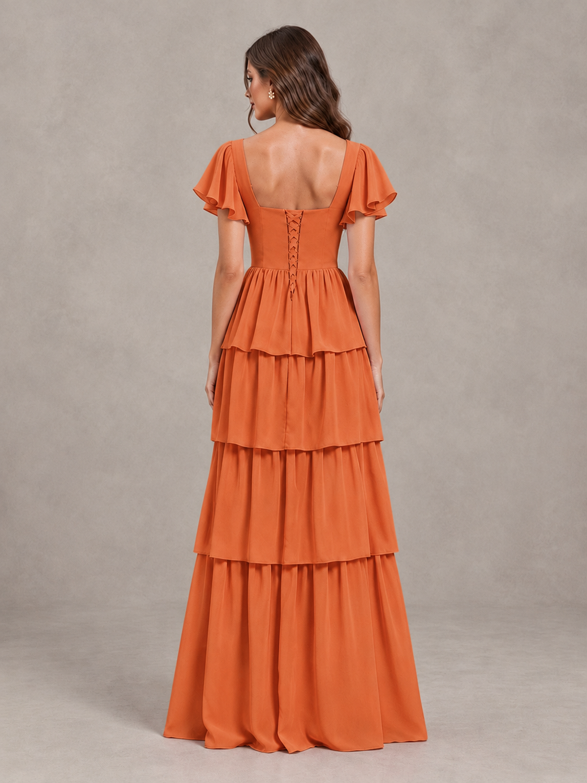 BOLODOO Orange Flutter Sleeve Tiered Maxi Bridesmaid Dress - Orange - Orange_2
