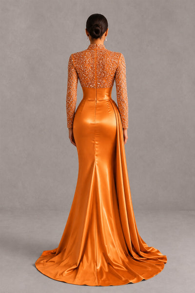 BOLODOO Orange Long Sleeve Embellished Satin Mermaid Evening Gown - Orange - Orange_2
