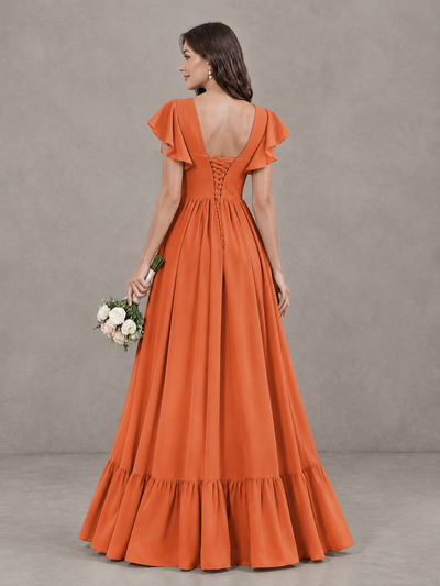BOLODOO Orange Square Neck Flutter Sleeve Bridesmaid Dress with Slit - Orange - Orange_2