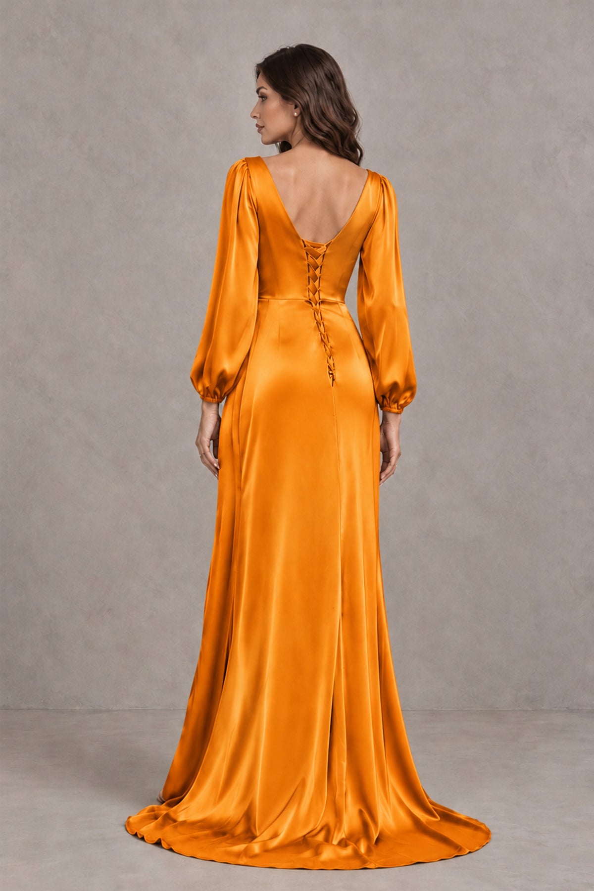 BOLODOO Orange Satin-Look Long Sleeve Evening Dress with High Slit - Orange - Orange_2