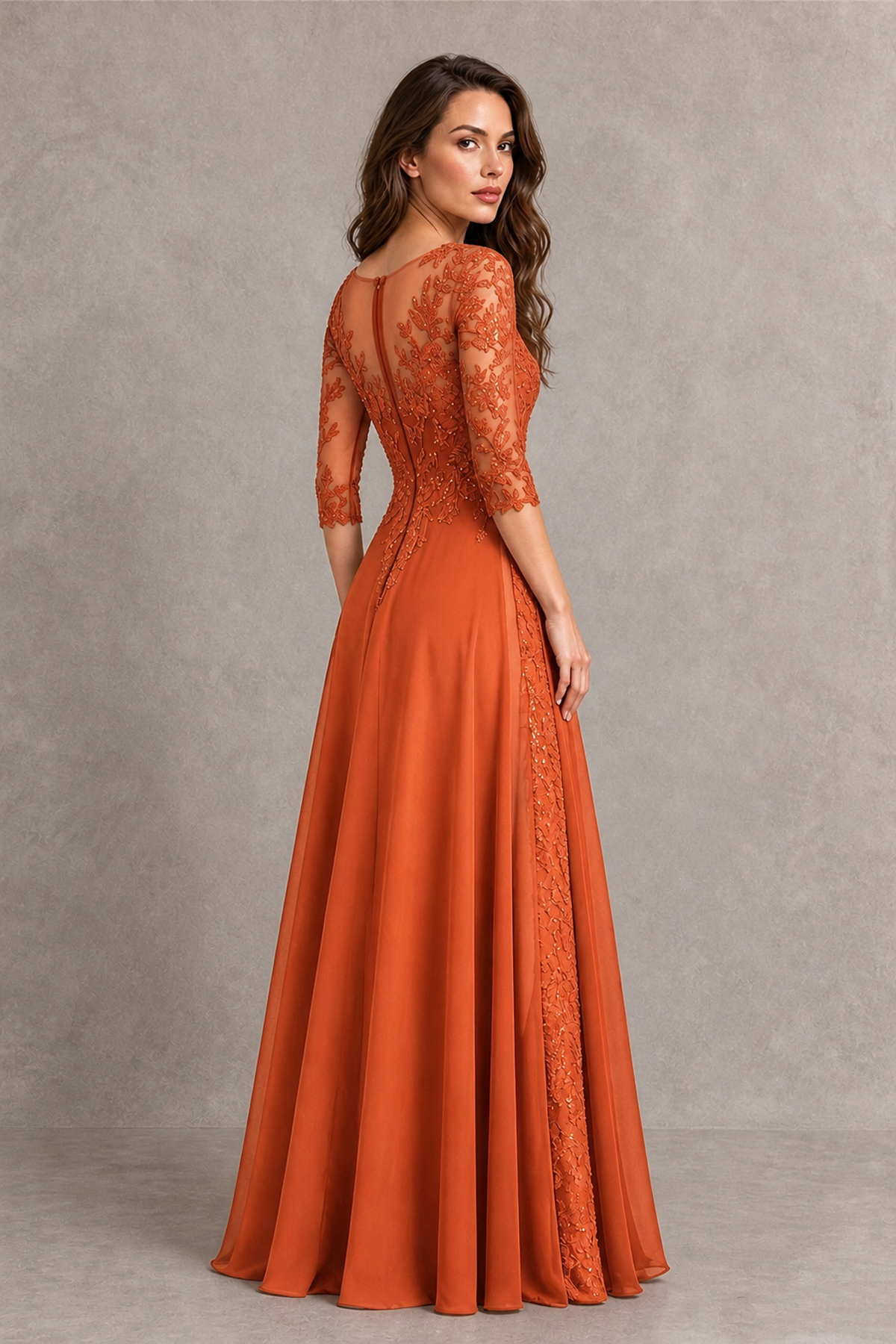 BOLODOO Midnight Orange Beaded Lace Appliqué Chiffon A-Line Gown | Mother of the Bride & Formal Evening Dress - Orange - Orange_2