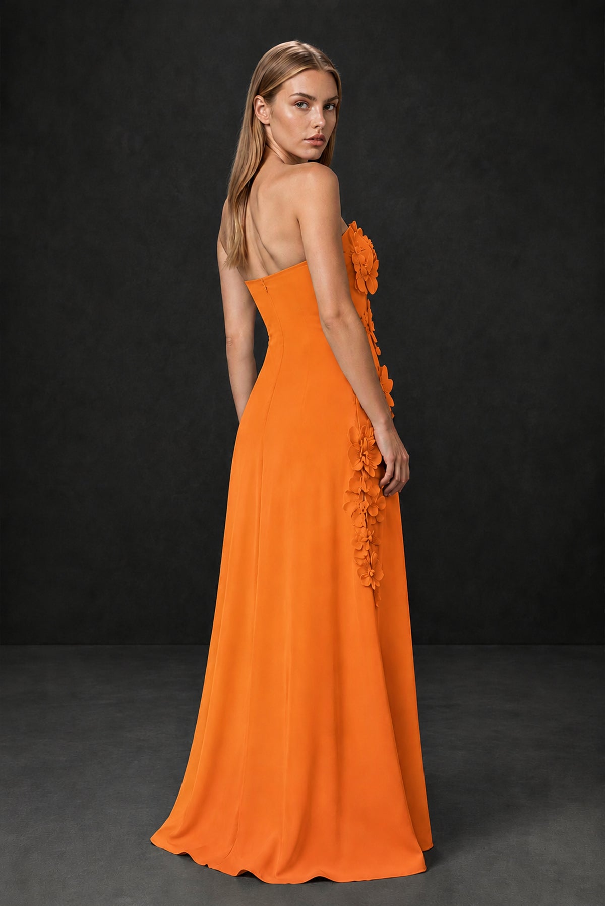 BOLODOO Orange Strapless 3D Floral Appliqué Crepe Maxi Gown - Orange