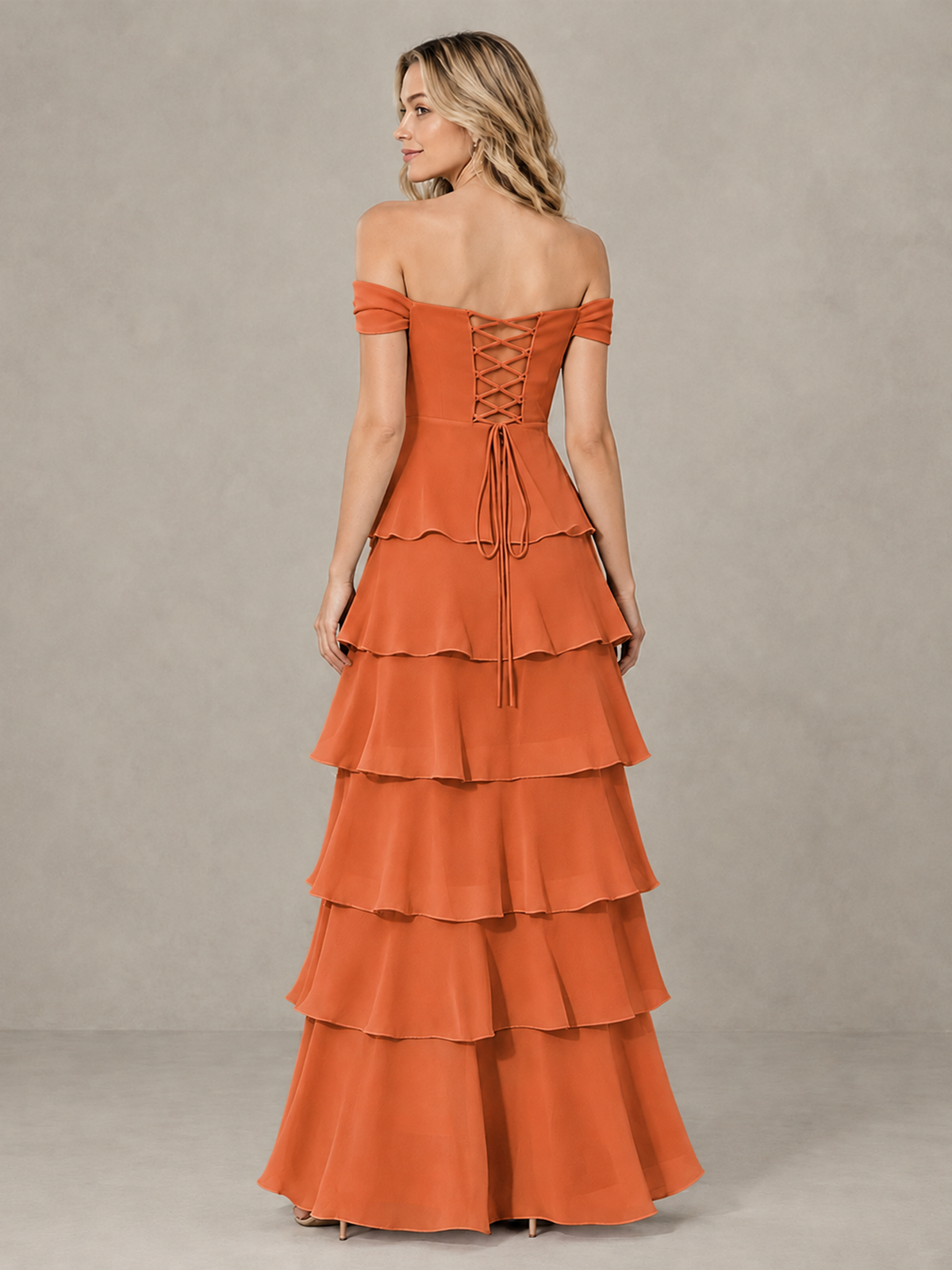 BOLODOO Orange Off-Shoulder Tiered Ruffle Bridesmaid Dress with Lace-Up Back - Orange - Orange_2