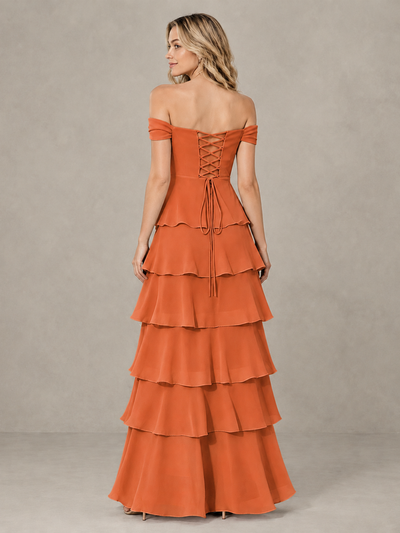 BOLODOO Orange Off-Shoulder Tiered Ruffle Bridesmaid Dress with Lace-Up Back - Orange - Orange_2