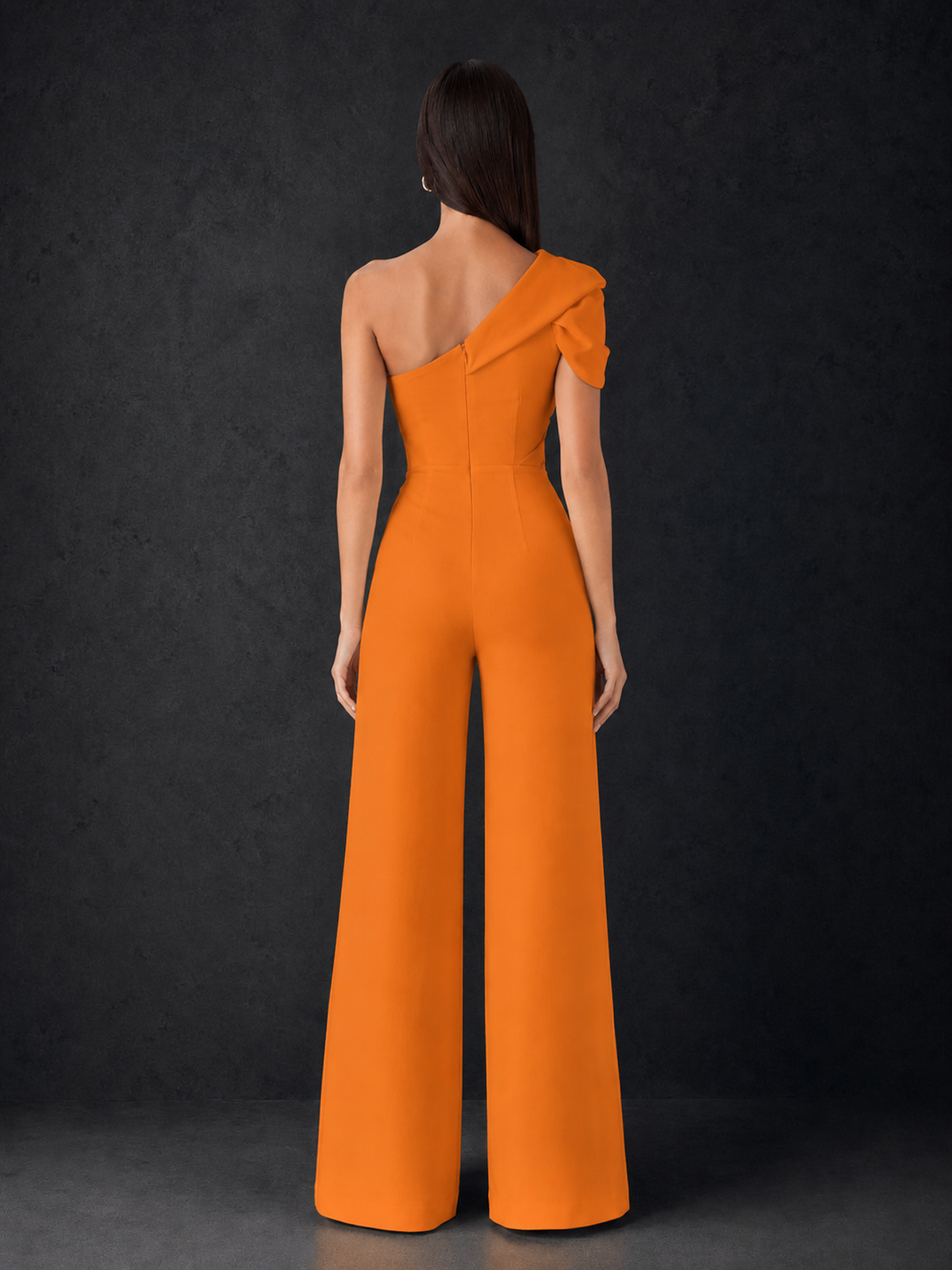 BOLODOO Orange One-Shoulder Puff Sleeve Wide-Leg Jumpsuit with Front Slit and Open Back - Orange