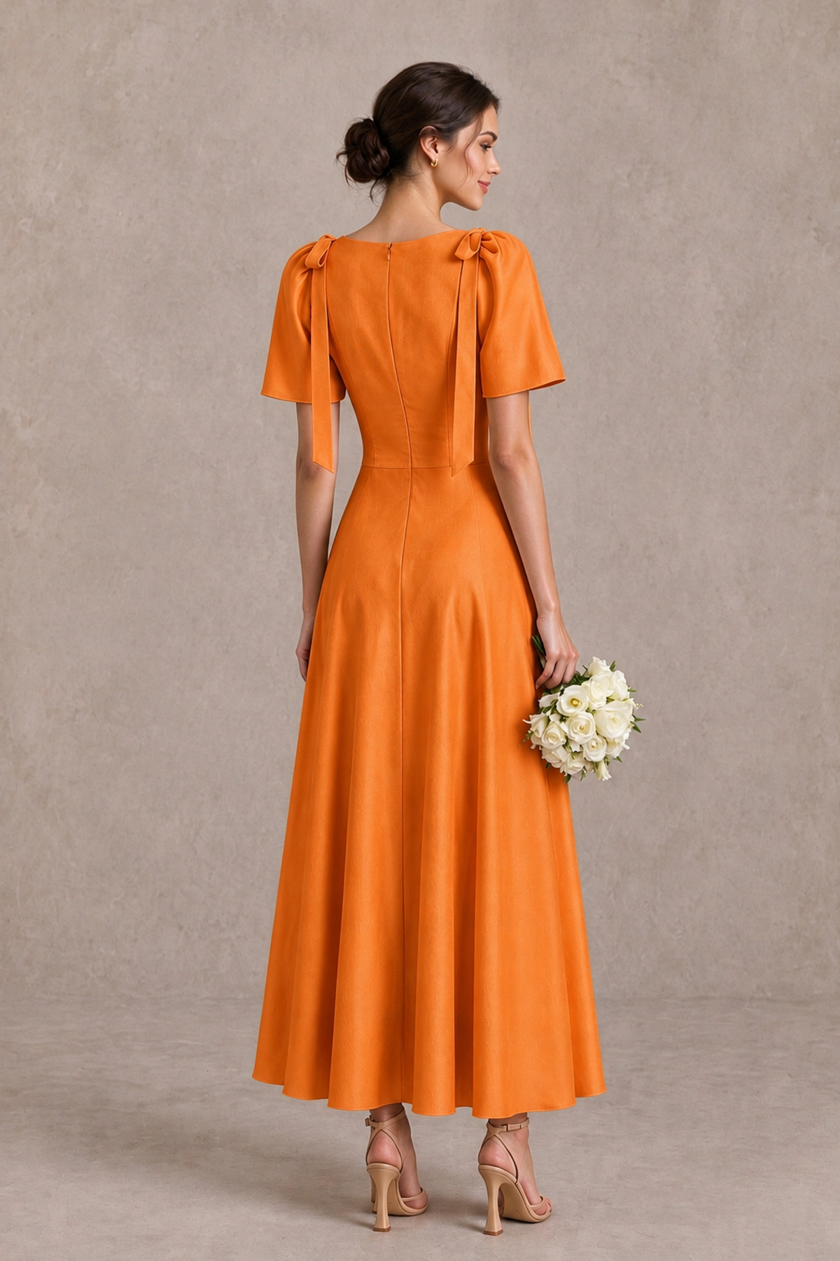 BOLODOO Orange V-Neck Short Sleeve Satin-Look Bridesmaid Dress with Shoulder Bows - Orange - Orange_2