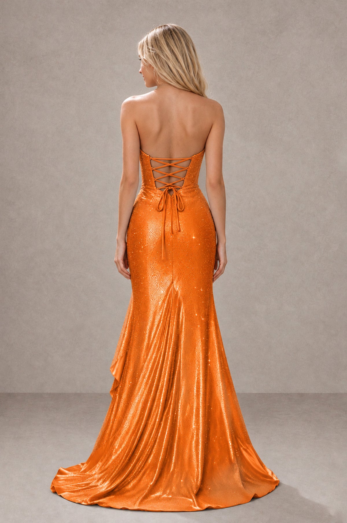 BOLODOO Orange Strapless Corset Mermaid Prom Dress with Ruffle Slit - Orange - Orange_2