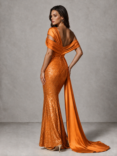 BOLODOO Orange Sequin Mermaid Evening Dress with Off-Shoulder Satin Drape and Sweep Train - Orange - Orange_2