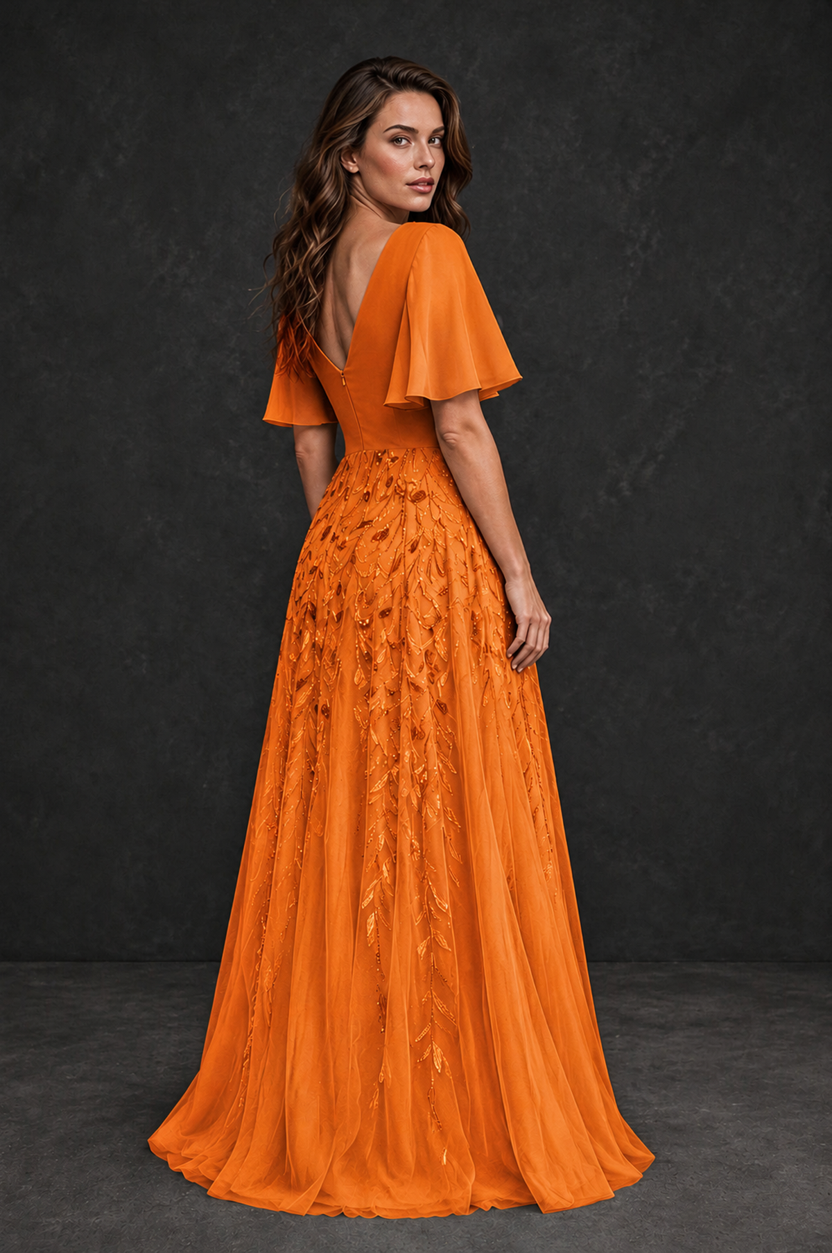 BOLODOO Orange V-Neck Flutter Sleeve Beaded Botanical Tulle A-Line Gown | Mother of the Bride Evening Dress - Orange - Orange_2