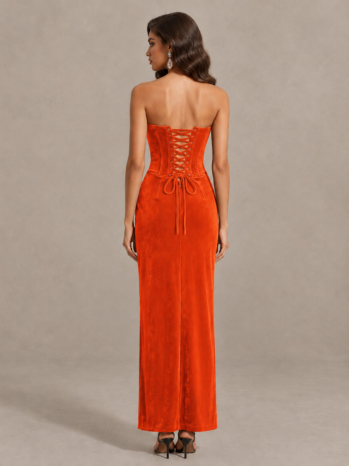 BOLODOO Orange Strapless Velvet Cocktail Maxi Dress - Orange - Orange_2