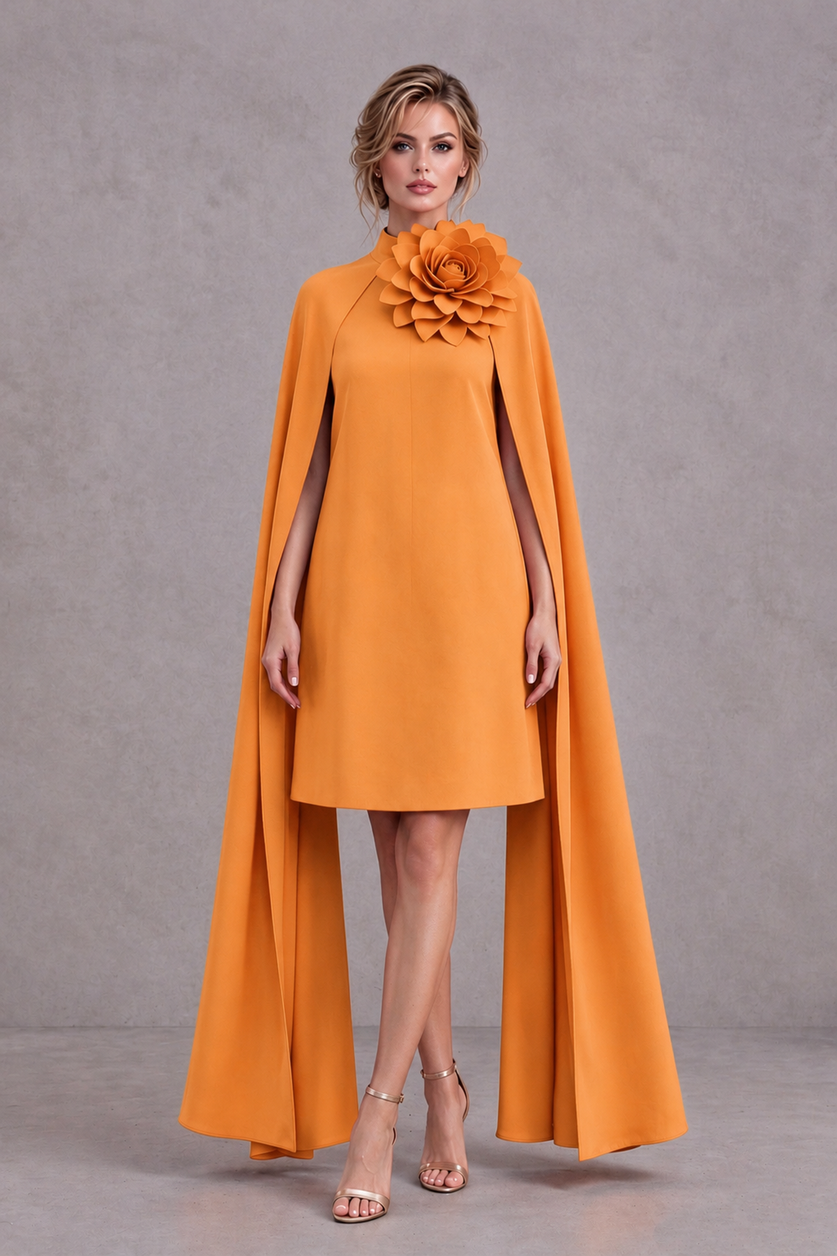 BOLODOO Orange High Neck Floral Cape Mini Cocktail Dress - Orange - Orange_2