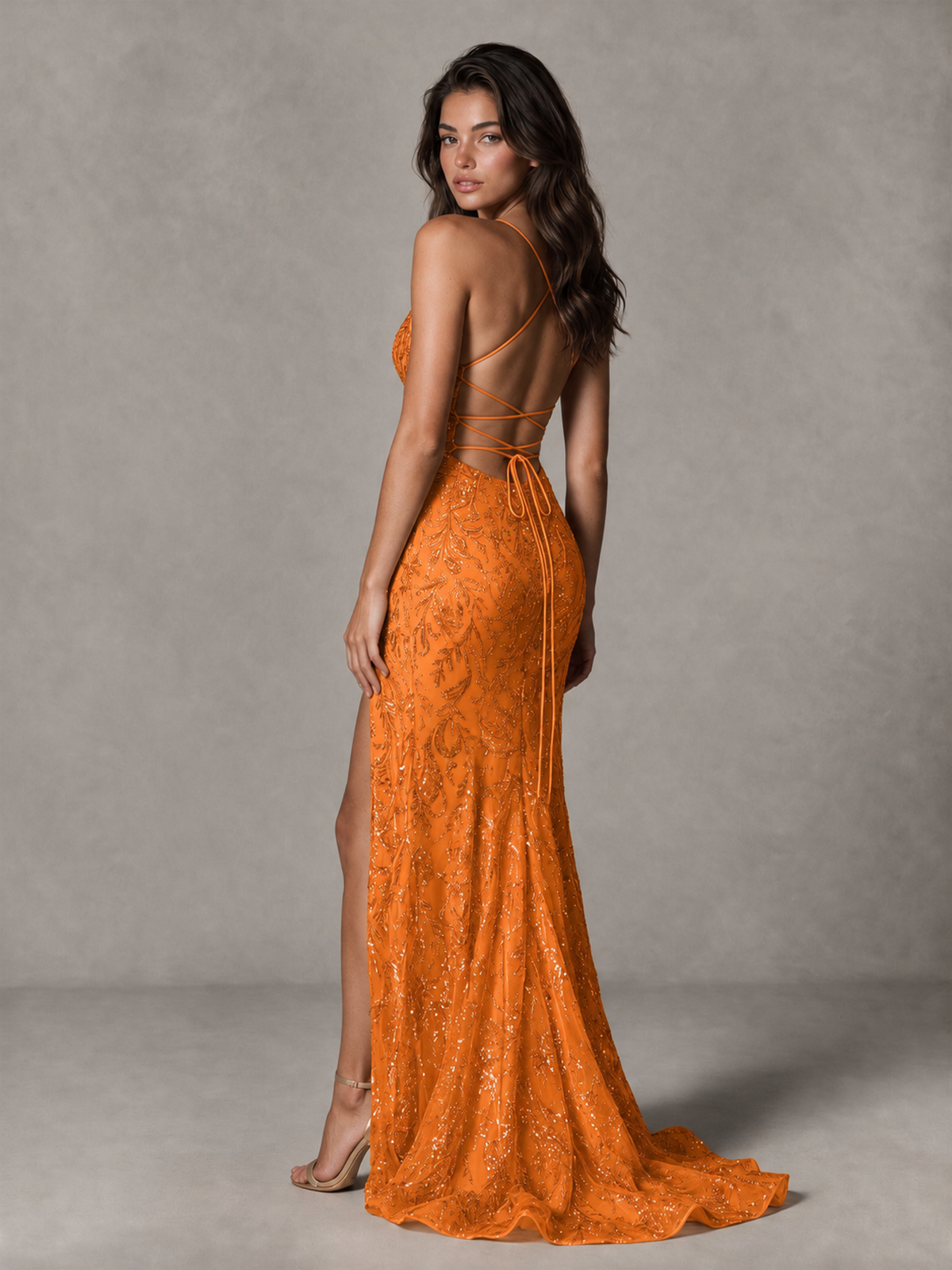 BOLODOO Orange Sequin Prom Dress with Lace-Up Back and High Slit - Orange - Orange_2
