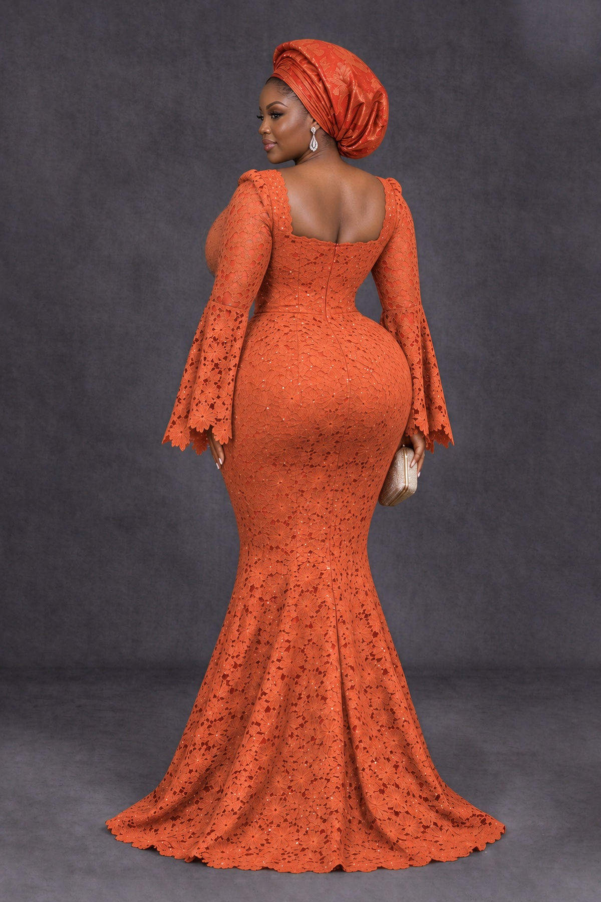 BOLODOO Orange African Lace Mermaid Dress, Plus Size Nigerian Wedding Guest Gown with Bell Sleeves - Orange - Orange_2
