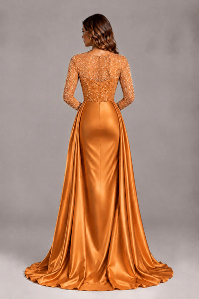 BOLODOO Orange Long Sleeve Embellished Satin Evening Gown with Sweep Train - Orange - Orange_2