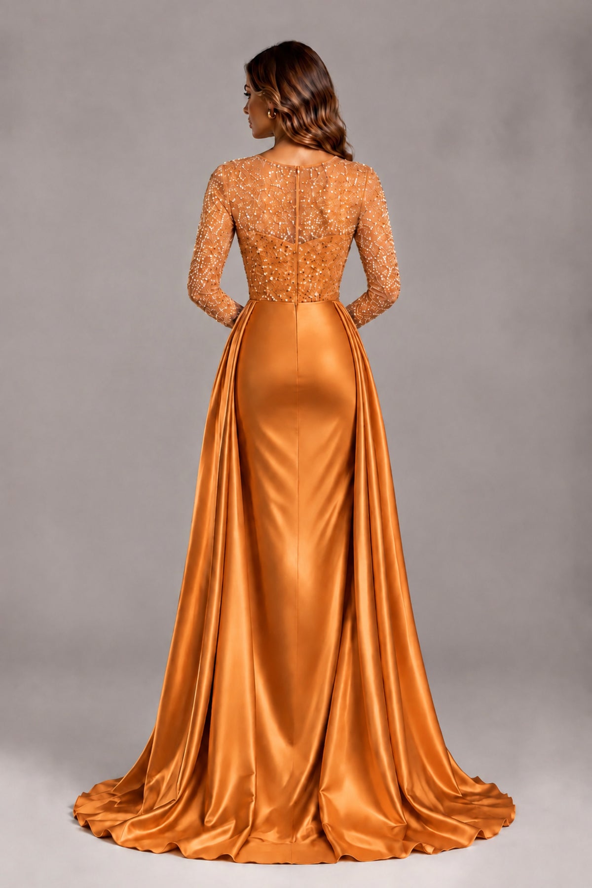 BOLODOO Orange Long Sleeve Embellished Satin Evening Gown with Sweep Train - Orange - Orange_2