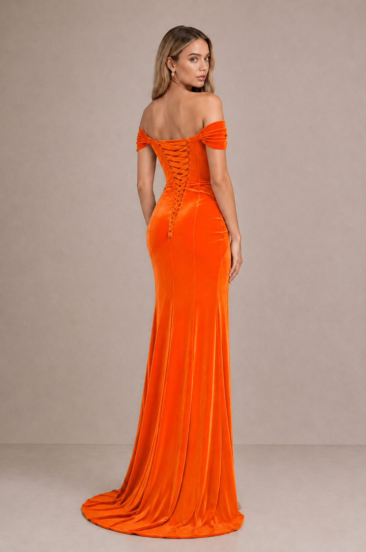 BOLODOO Orange Velvet Off-Shoulder Ruched High Slit Evening Dress - Orange - Orange_2