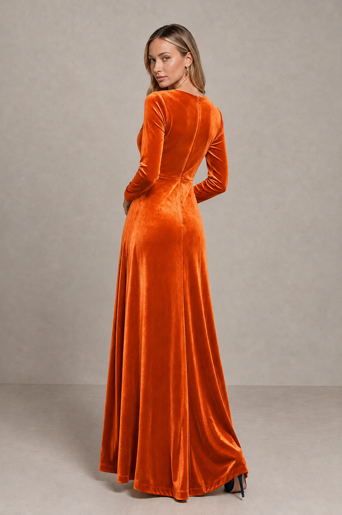 BOLODOO Orange Velvet Long Sleeve V-Neck Ruched Evening Dress - Orange - Orange_2