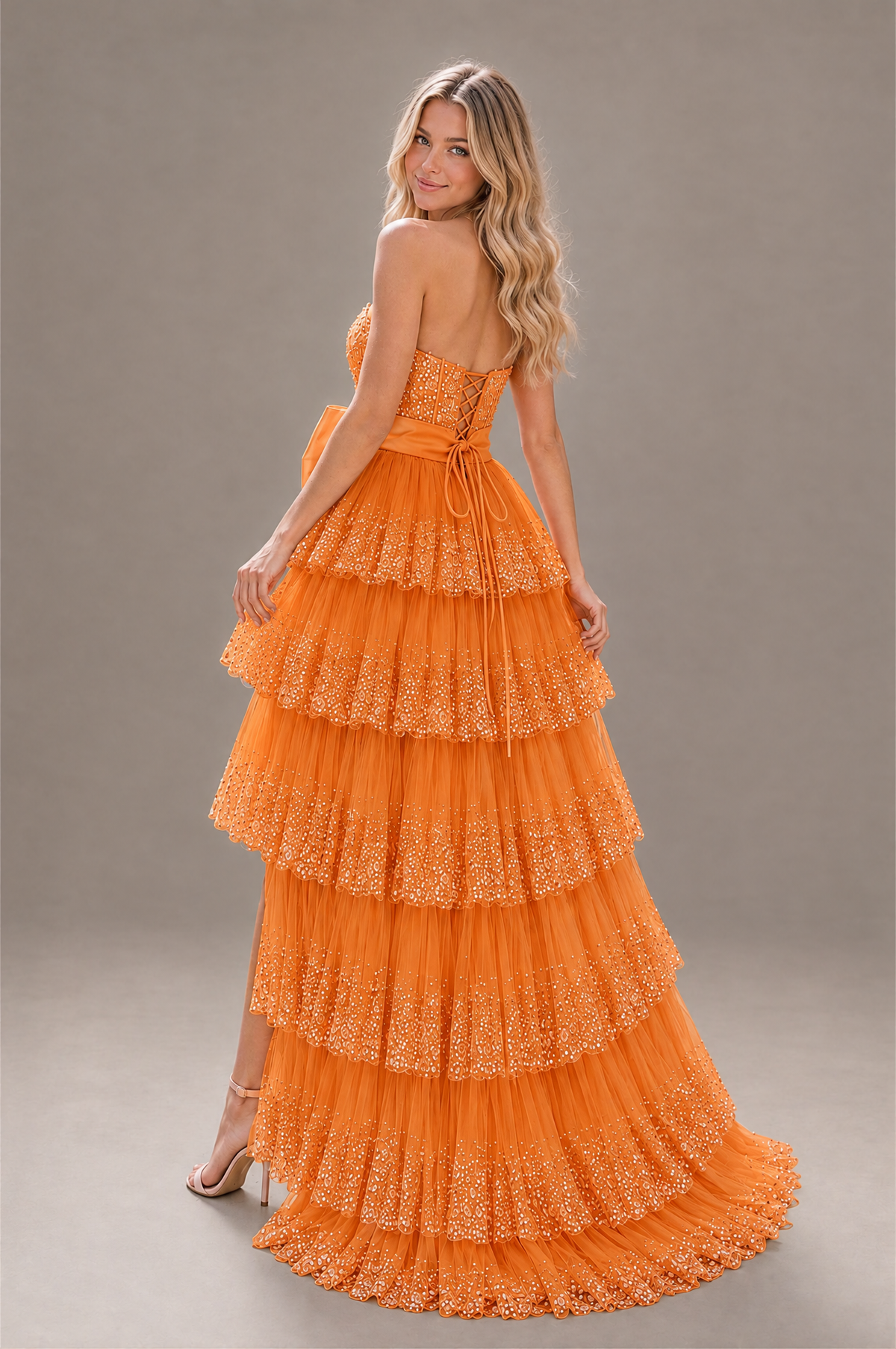 BOLODOO Orange Strapless Tiered Tulle Prom Dress with Bow - Orange - Orange_2