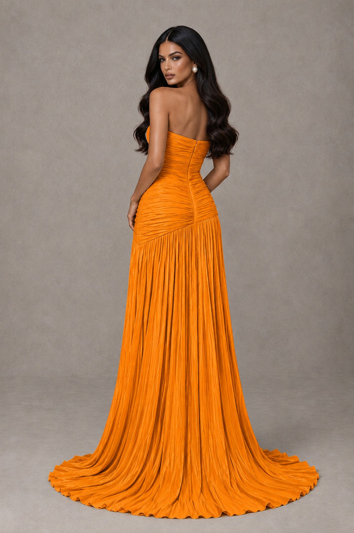 BOLODOO Orange Metallic Ruched Strapless Pleated A-Line Backless Maxi Dress with Train - Orange - Orange_2
