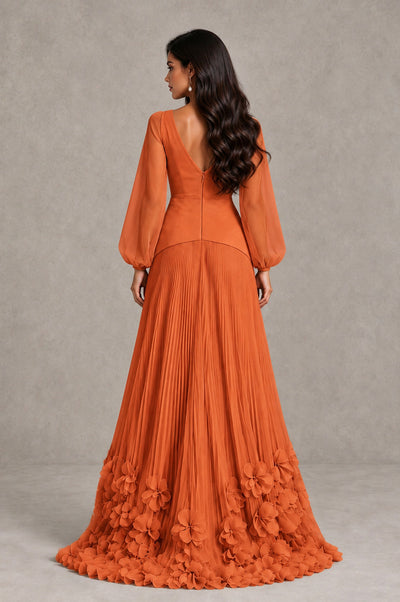 BOLODOO Orange V-Neck Long Sleeve Pleated Floral Hem Evening Dress - Orange - Orange_2