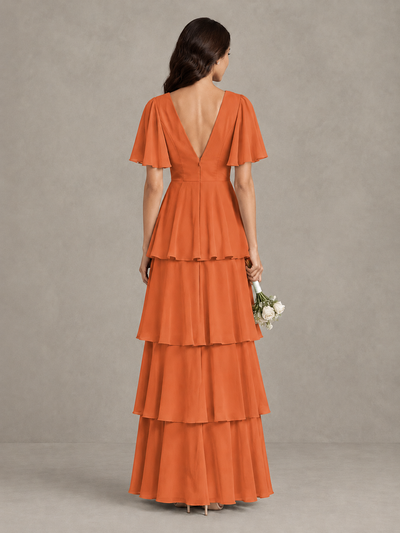 BOLODOO Orange Tiered Flutter Sleeve Bridesmaid Dress - Orange - Orange_2