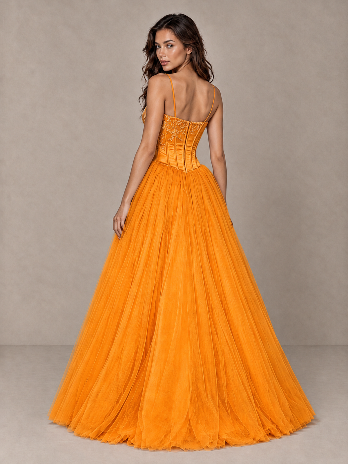 BOLODOO Orange Corset Tulle Prom Dress with Spaghetti Straps - Orange - Orange_2