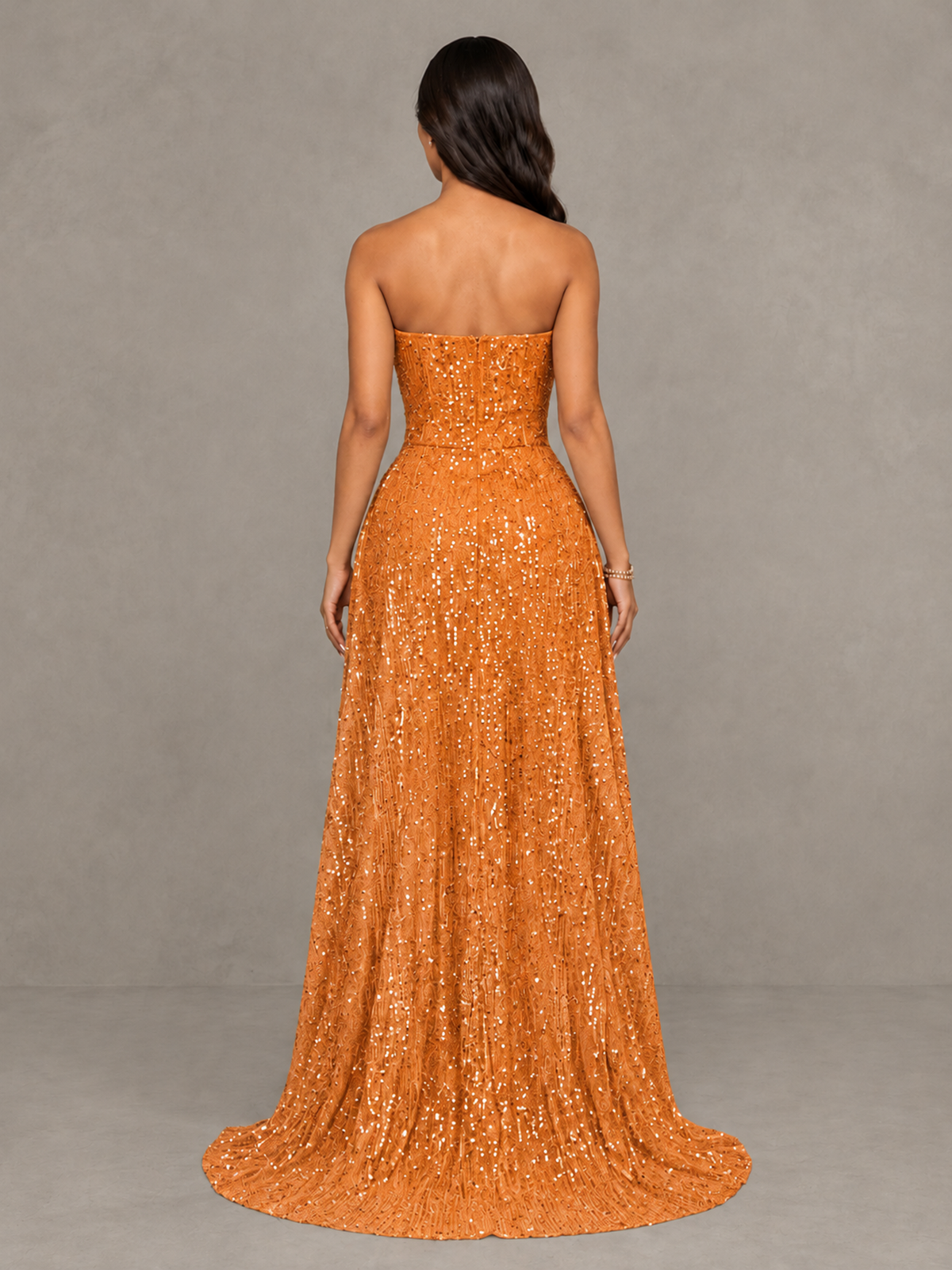 BOLODOO Orange Sequin Strapless Mini Dress with High Low Overskirt - Orange - Orange_2