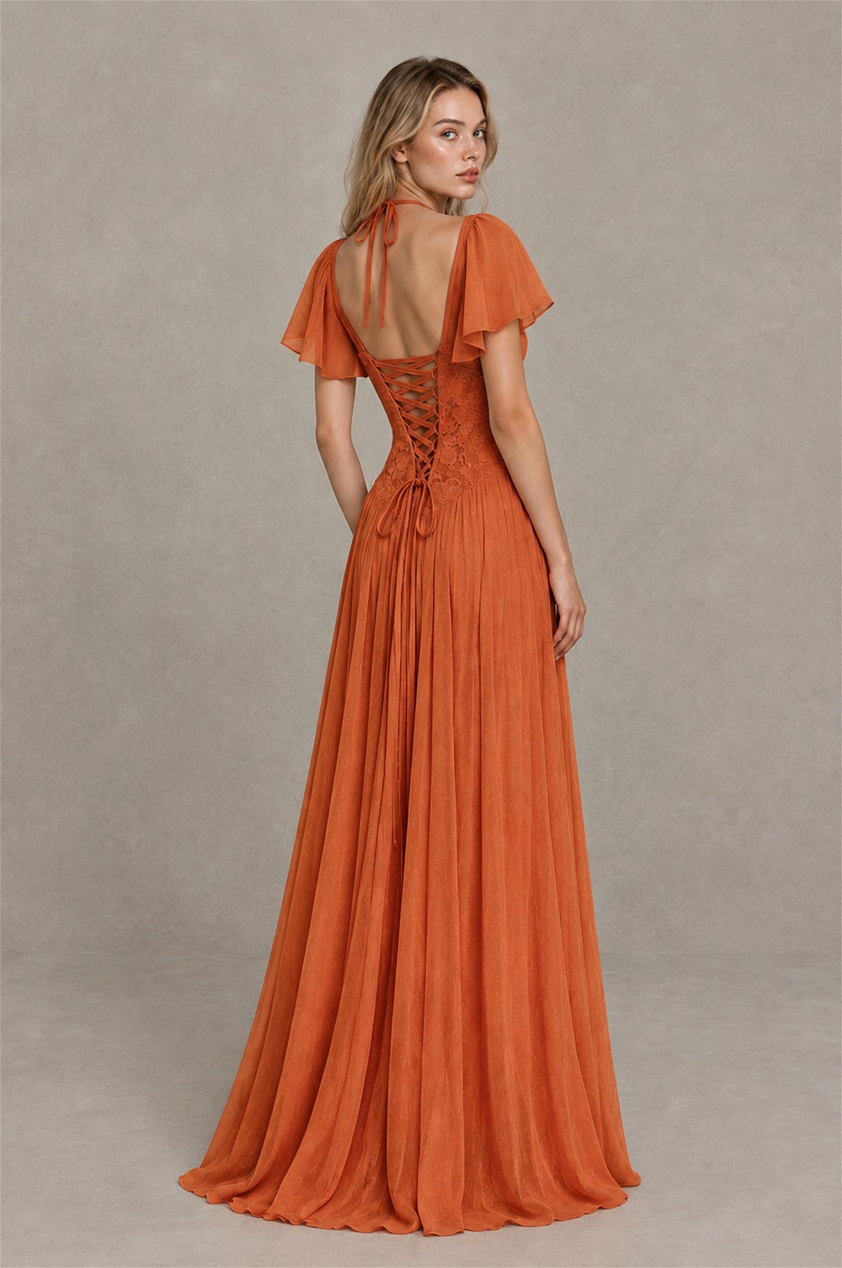 BOLODOO Orange Flutter Sleeve Lace Corset A-Line Maxi Dress - Orange - Orange_2