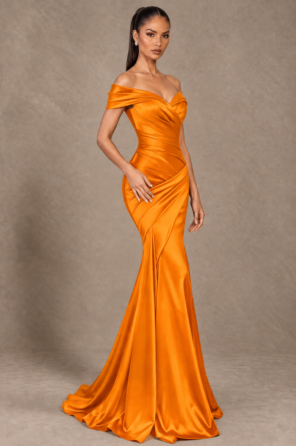 BOLODOO Orange Off-the-Shoulder Ruched Satin Mermaid Evening Dress - Orange - Orange_2