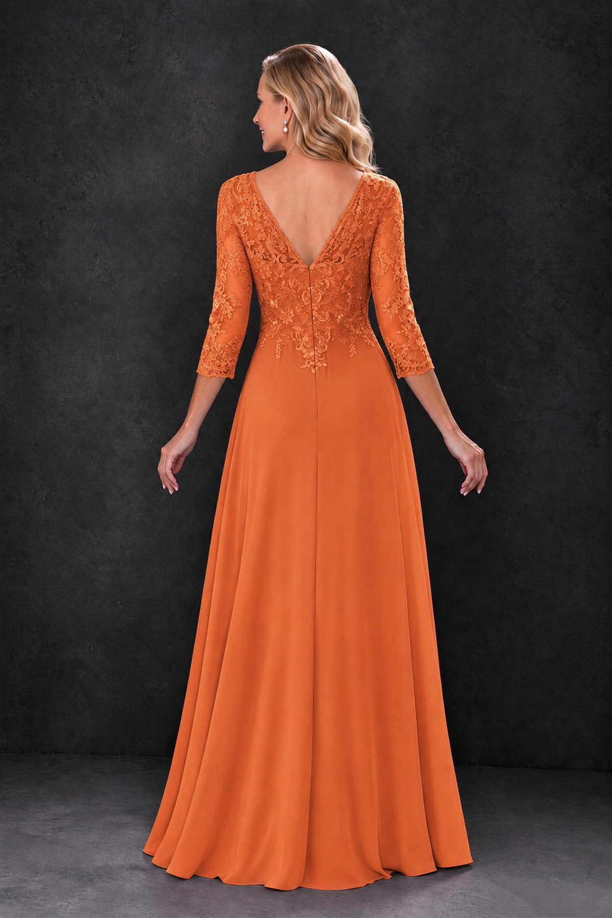 BOLODOO Orange Lace Embroidered Mother of the Bride Dress with 3/4 Sleeves - Orange - Orange_2