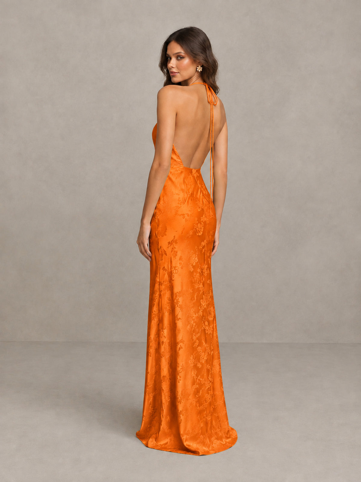 BOLODOO Orange Floral Satin Open-Back Bridesmaid Dress - Orange - Orange_2