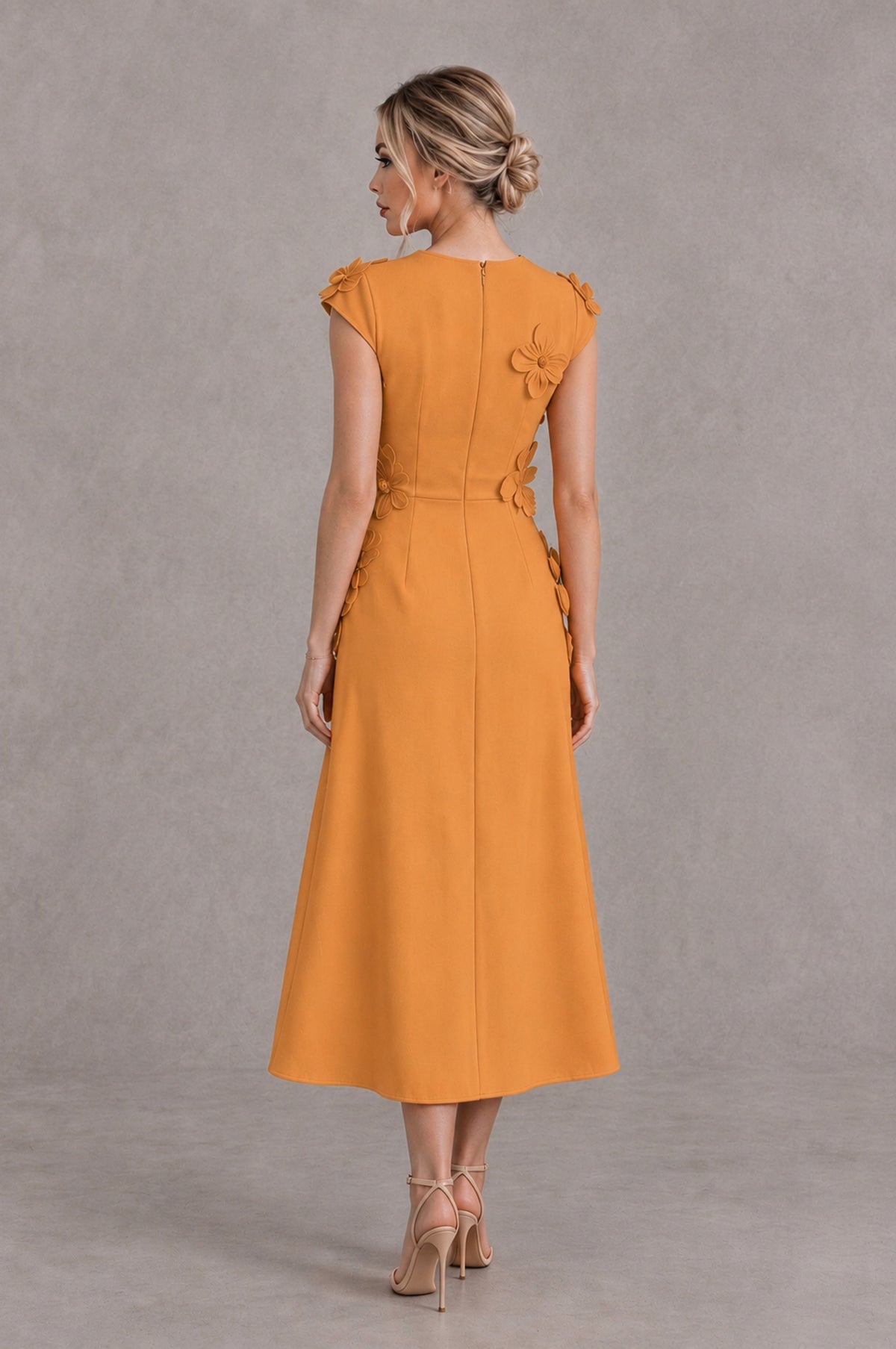 BOLODOO Orange 3D Floral Cap Sleeve Midi Cocktail Dress - Orange - Orange_2
