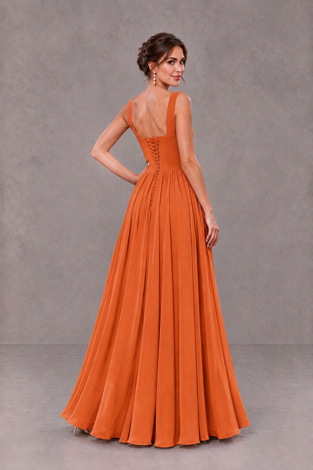 BOLODOO Orange Square Neck A-Line Bridesmaid Dress with Slit - Orange - Orange_2