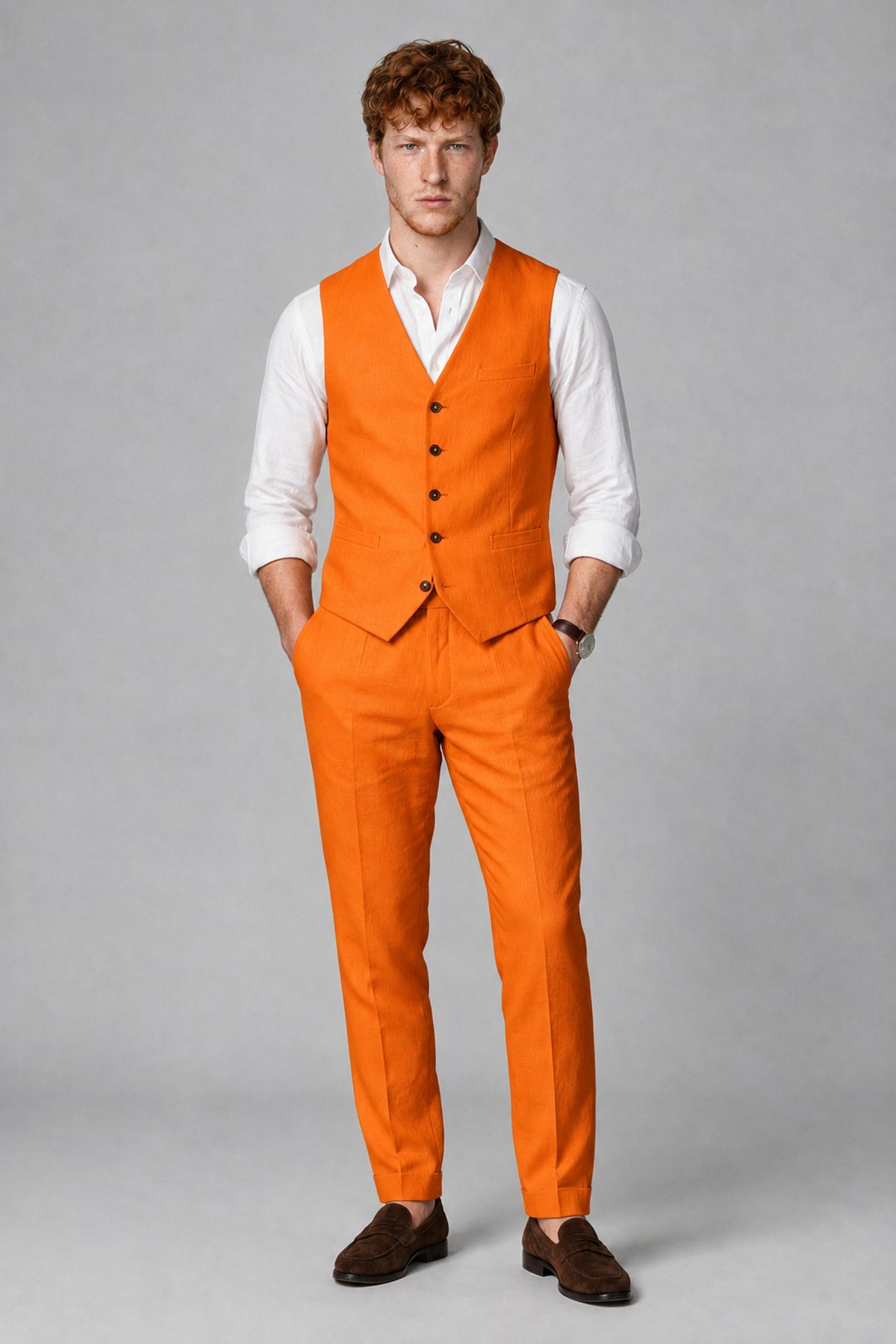 Bolodoo Men's Orange 2-Piece Vest and Pants Set with V-Neck Waistcoat - Orange - Orange_2