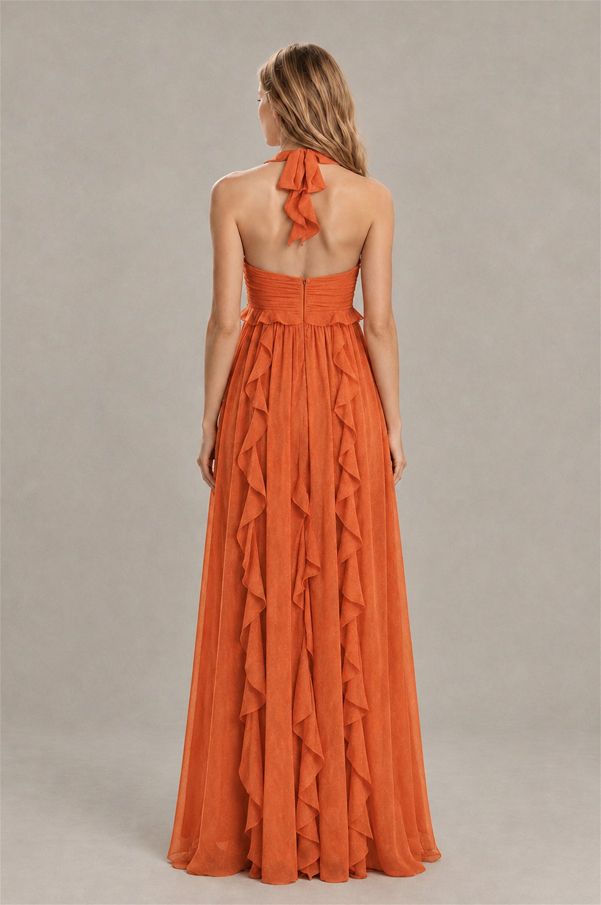 BOLODOO Orange Halter Ruffle A-Line Floor-Length Evening Dress - Orange - Orange_2