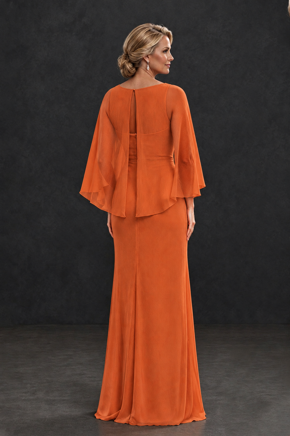 BOLODOO Orange Cape Sleeve Mother of the Bride Dress with Ruched Waist - Orange - Orange_2