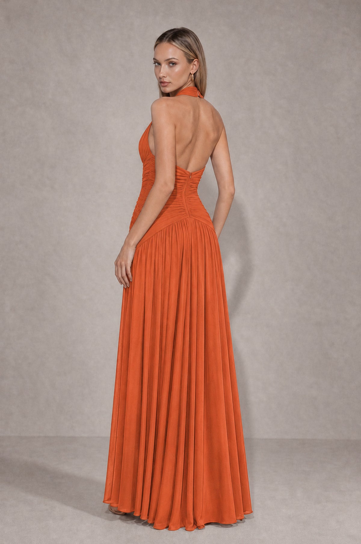BOLODOO Orange Chiffon Halter Deep V-Neck Ruched A-Line Backless Maxi Dress with Train-BD0167 - Orange - Orange_2