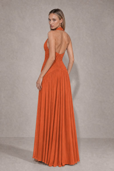 BOLODOO Orange Chiffon Halter Deep V-Neck Ruched A-Line Backless Maxi Dress with Train-BD0167 - Orange - Orange_2
