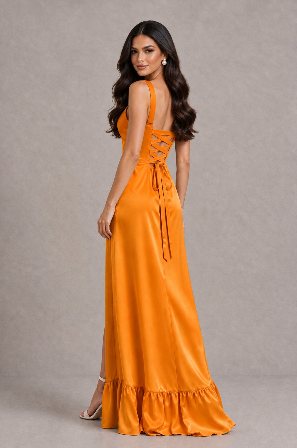 BOLODOO Orange Square Neck Satin Evening Dress with Lace-Up Back and High Slit - Orange - Orange_2