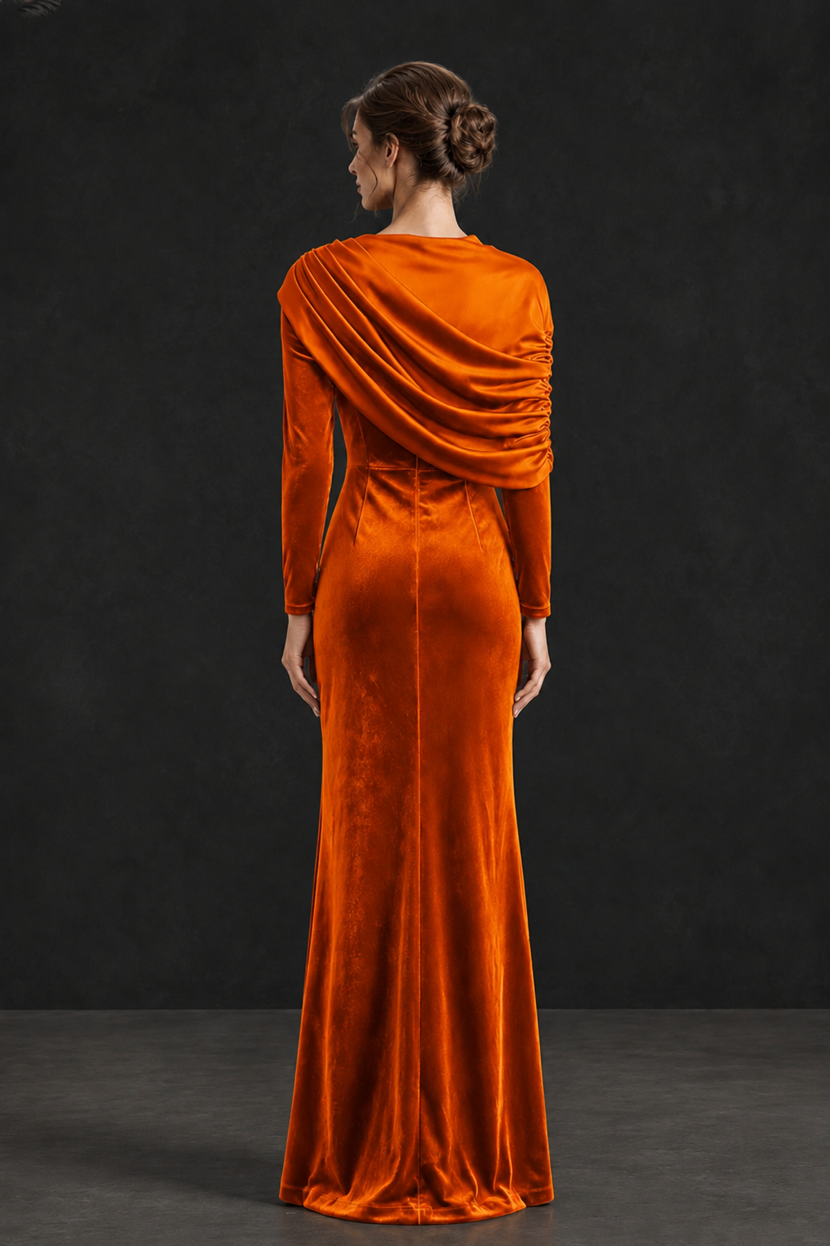BOLODOO Orange Velvet Long Sleeve Draped Mother of the Bride Dress - Orange - Orange_2